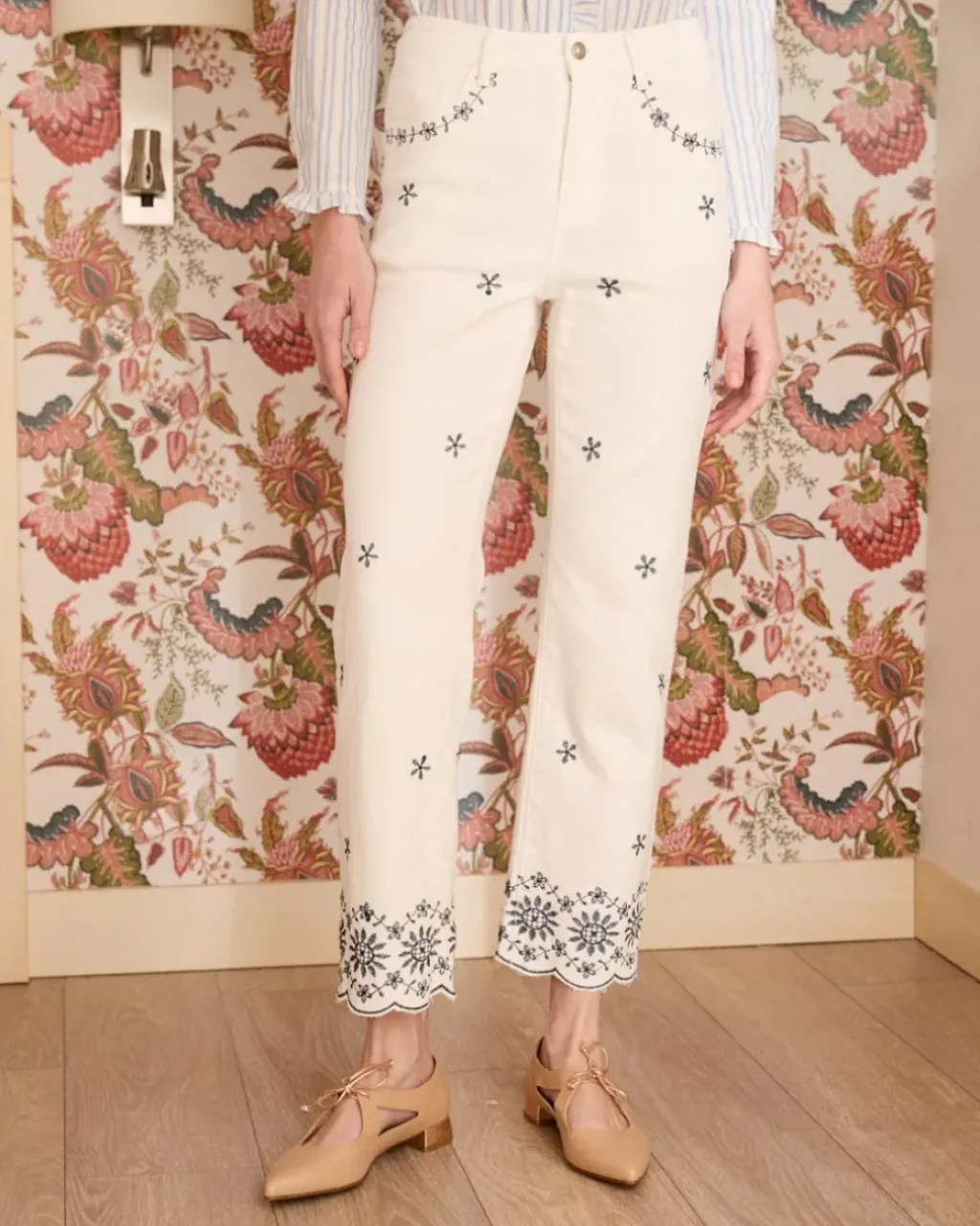 Polin et moi Pantalones*Vaquero Bordado Marino Bea blanco